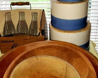 Set of three blue & white crocks & wooden bowels