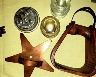 Copper star cutter, stirrup, insulators, key & child's toy