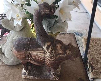 Hand Carved Man on Bull Stone, Lonestar Side Table, Flower Arrangement, Stone Dog