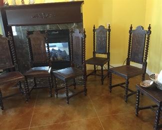 Peruvian Barley Twist Dining/Side Chairs.  Each Chair is Uniquely Carved in Front as well as in Back.  Each Depicting a Different Story.  There are Six of these Items.