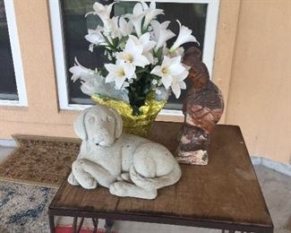 Hand Carved Man on Bull Stone, Lonestar Side Table, Flower Arrangement, Stone Dog