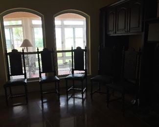 Peruvian Barley Twist Dining/Side Chairs.  Each Chair is Uniquely Carved in Front as well as in Back.  Each Depicting a Different Story.  There are Six of these Items.