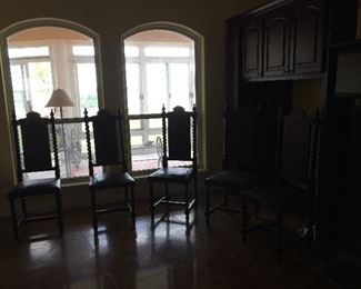Peruvian Barley Twist Dining/Side Chairs.  Each Chair is Uniquely Carved in Front as well as in Back.  Each Depicting a Different Story.  There are Six of these Items.