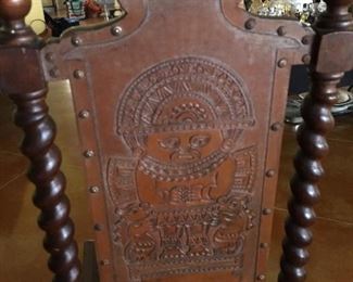 Peruvian Barley Twist Dining/Side Chairs.  Each Chair is Uniquely Carved in Front as well as in Back.  Each Depicting a Different Story.  There are Six of these Items.