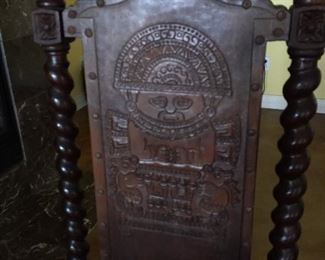 Peruvian Barley Twist Dining/Side Chairs.  Each Chair is Uniquely Carved in Front as well as in Back.  Each Depicting a Different Story.  There are Six of these Items.