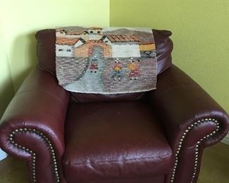 Oversized Leather Chair, Peruvian Hand Woven Wall Hanging Village Scene