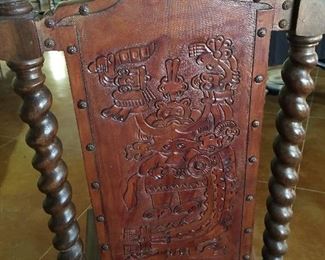 Peruvian Barley Twist Dining/Side Chairs.  Each Chair is Uniquely Carved in Front as well as in Back.  Each Depicting a Different Story.  There are Six of these Items.