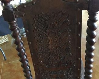 Peruvian Barley Twist Dining/Side Chairs.  Each Chair is Uniquely Carved in Front as well as in Back.  Each Depicting a Different Story.  There are Six of these Items.