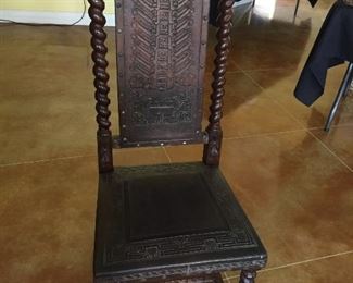 Peruvian Barley Twist Dining/Side Chairs.  Each Chair is Uniquely Carved in Front as well as in Back.  Each Depicting a Different Story.  There are Six of these Items.