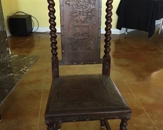 Peruvian Barley Twist Dining/Side Chairs.  Each Chair is Uniquely Carved in Front as well as in Back.  Each Depicting a Different Story.  There are Six of these Items.