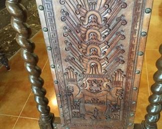Peruvian Barley Twist Dining/Side Chairs.  Each Chair is Uniquely Carved in Front as well as in Back.  Each Depicting a Different Story.  There are Six of these Items.