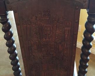 Peruvian Barley Twist Dining/Side Chairs.  Each Chair is Uniquely Carved in Front as well as in Back.  Each Depicting a Different Story.  There are Six of these Items.