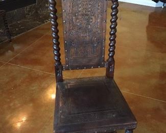 Peruvian Barley Twist Dining/Side Chairs.  Each Chair is Uniquely Carved in Front as well as in Back.  Each Depicting a Different Story.  There are Six of these Items.