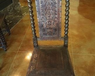 Peruvian Barley Twist Dining/Side Chairs.  Each Chair is Uniquely Carved in Front as well as in Back.  Each Depicting a Different Story.  There are Six of these Items.