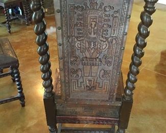 Peruvian Barley Twist Dining/Side Chairs.  Each Chair is Uniquely Carved in Front as well as in Back.  Each Depicting a Different Story.  There are Six of these Items.