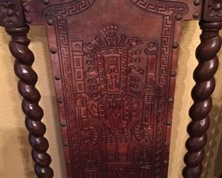 Peruvian Barley Twist Dining/Side Chairs.  Each Chair is Uniquely Carved in Front as well as in Back.  Each Depicting a Different Story.  There are Six of these Items.