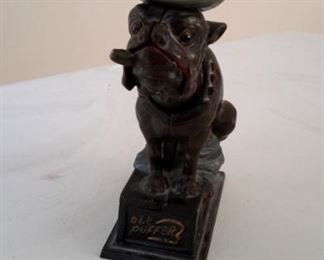 Vintage cast iron "Ole Puffer" 5 cent cigar bank. Works.