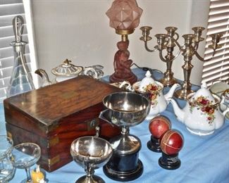 DECO PINK LAMP, VINTAGE WOODEN BOX & TROPHIES