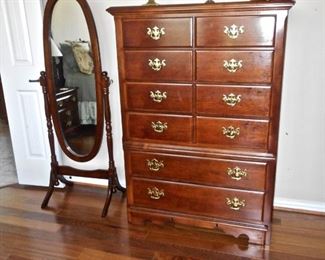 TALL CHEST OF DRAWERS, FLOOR MIRROR