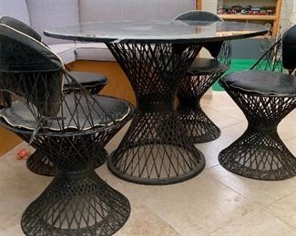 1960s Fiberglass Spun Table w/ 4 Chairs Marble Top BLACK Pre Russell Woodard Yellow/White 29 in H x 41.5in Diameter