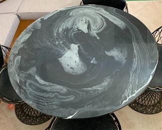1960s Fiberglass Spun Table w/ 4 Chairs Marble Top BLACK Pre Russell Woodard Yellow/White 29 in H x 41.5in Diameter