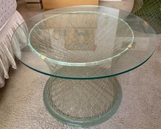 1960s Fiberglass Spun Table Base Pre Russell Woodard Translucent w/ glass top 18.5in x 28in diameter