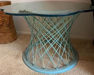 1960s Fiberglass Spun Table Base Pre Russell Woodard Flower Glass Top 19in H x 30.5in w