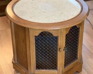 Vintage Walnut/Travertine Top Round End table 21x25in Diameter