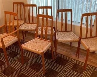 8 Danish Modern Teak High Back Cord/Rope Seats 34x18x21in Seat Height: 18.5in HxWxD