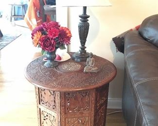 Vintage carved inlaid wooden accent side tables