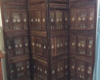 Vintage solid wood hand carved 4 panel room divider