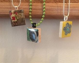 Hand made necklaces made from scrabble tile