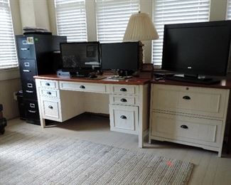 WHITE DESK AND WHITE LATERAL FILE CABINET (COMPUTERS AND SCREENS NOT FOR SALE)