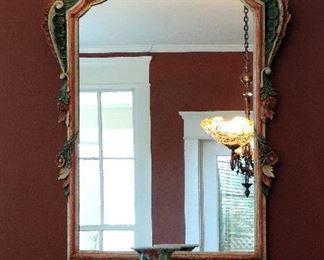 ORNATE WALL MIRROR, ASIAN VASE AND PAIR OF ASIAN STYLE DEER FIGURINES