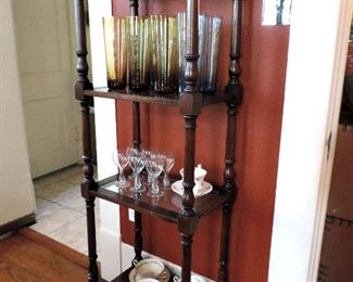 WOODEN ETEGERE, HANDBLOWN GLASSES, CRYSTAL AND CHINA