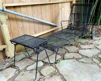 OUTDOOR WROUGHT IRON BLACK METAL CHAISE LOUNGE AND SMALL TABLE