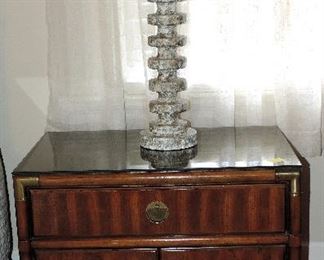 DREXEL MID CENTURY CAMPAIGN STYLE PAIR OF END TABLES AND LAMPS WITH RECESSED BRASS HARDWARE