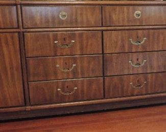 DREXEL MID CENTURY CAMPAIGN STYLE DRESSER AND MIRROR WITH RECESSED BRASS HARDWARE