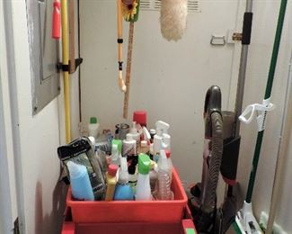 RED UTILITY CART AND CLEANING SUPPLIES