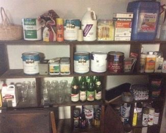 Paints ,home goods, old Vess bottles, ball jars. 
