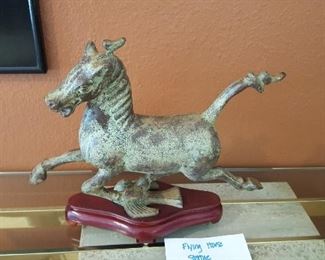 Flying horse statue: Bronze mounted on wood base. 13" tall x 14" wide