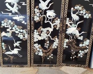 Black lacquer, mother of pearl Herons. Set of 3. Approximately 12' wide x 32" tall.