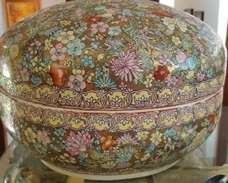 Ceramic bowl with lid. 14" wide x 10" tall