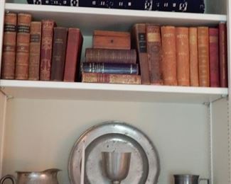 BOOKS, PEWTER AND WONDERFUL ANTIQUE WEAVINGS