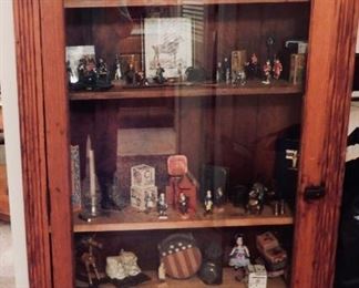 CUTE CUPBOARD FILLED WITH LOTS OF  INTERESTING SMALLS--STEIF ANIMALS, METAL SOLDIERS, ANTIQUE BANKS AND MORE
