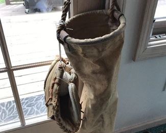 Nice old ball bag, glove and vintage balls inside