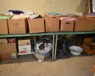 PING PONG TABLE, BOXES OF FABRIC