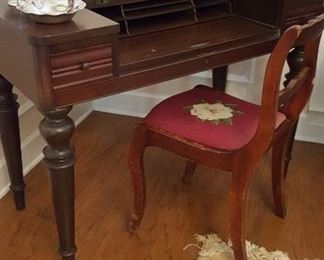 Spinet desk and chair w/needlepoint seat