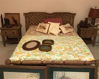Full size oak bed and pr of bedside tables