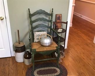 Pottery churn, rush seat chair, and muffin stand
